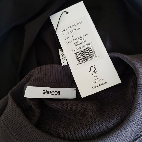 Thakoon Poplin Combo Lace Back Crew Neck Cotton Sweatshirt Black Size XS - Picture 7 of 9